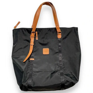 Bric’s Black Canvas Leather Packable Tote Bag